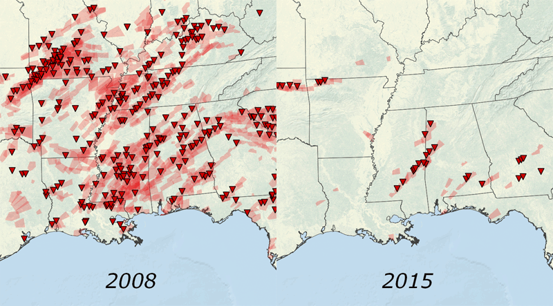 Through the end of March, 2015’s tornado drought is among the biggest on record