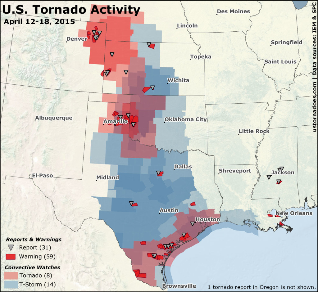 Tornado activity across the U.S. last week. Reports are filtered by SPC, preliminary, and not necessarily indicative of one tornado per report. (ustornadoes.com)
