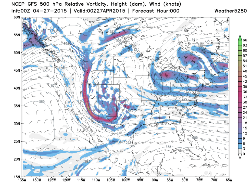 0z 4/27/15 GFS mid-level 500mb chart shows a trough ejecting out into the Plains on Sunday evening spawning a localized tornado event. (Weather5280 Models)