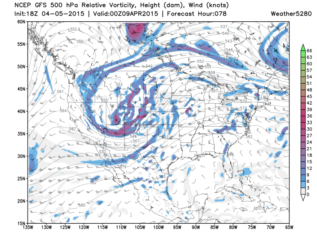 500mb vorticity, height, and wind for 0z Thursday/7 p.m. Wednesday evening. The GFS model shown here depicts the trough moving out into the Plains late day, likely sparking a severe thunderstorm outbreak. (Weather5280 Models)
