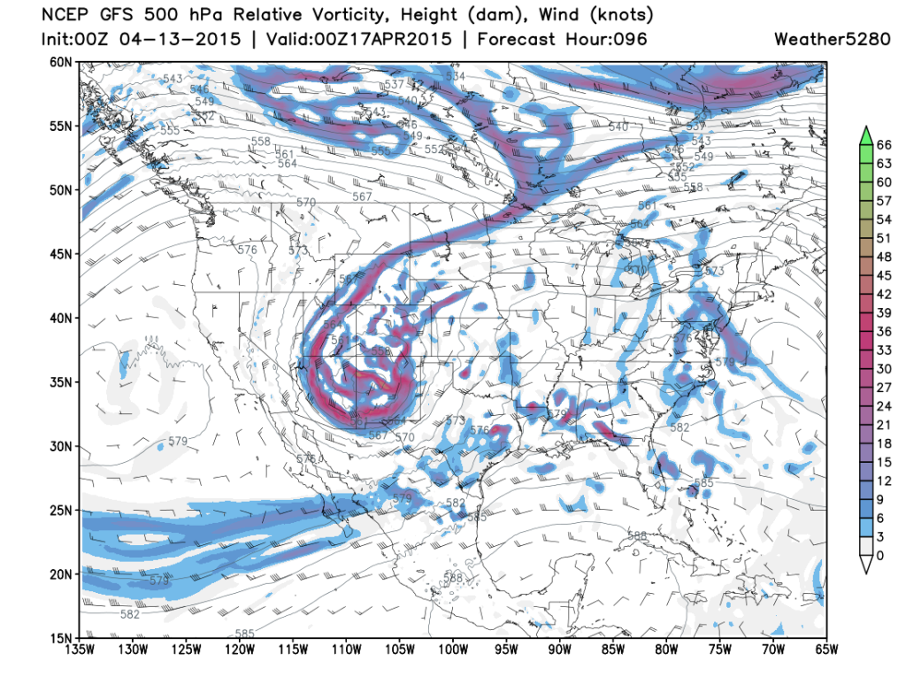 GFS forecast for Thursday evening shows a slow-moving upper low sitting west of the Plains. (Weather 5280 models)