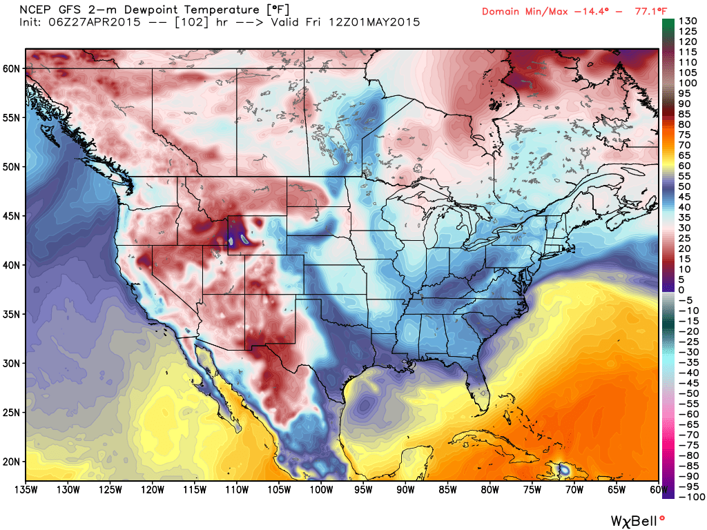 Forecast dew points across the U.S. on Friday morning per the GFS model. (Weatherbell.com)