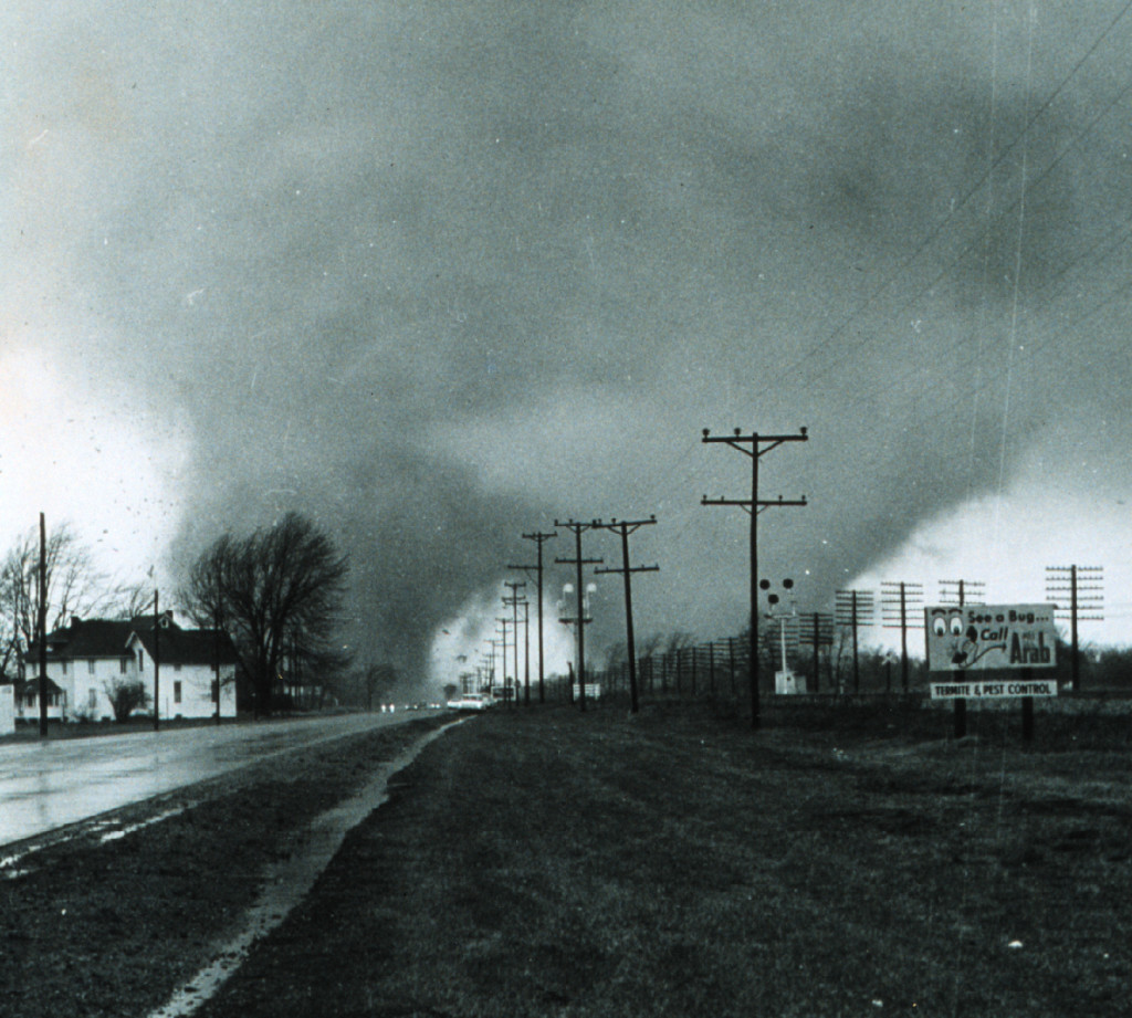 Famous picture of F4 tornado with two distinct funnels destroying the Midway Trailer Park near Dunlap, Indiana. Photo by Paul Huffman. (NWS Indianapolis, Indiana)