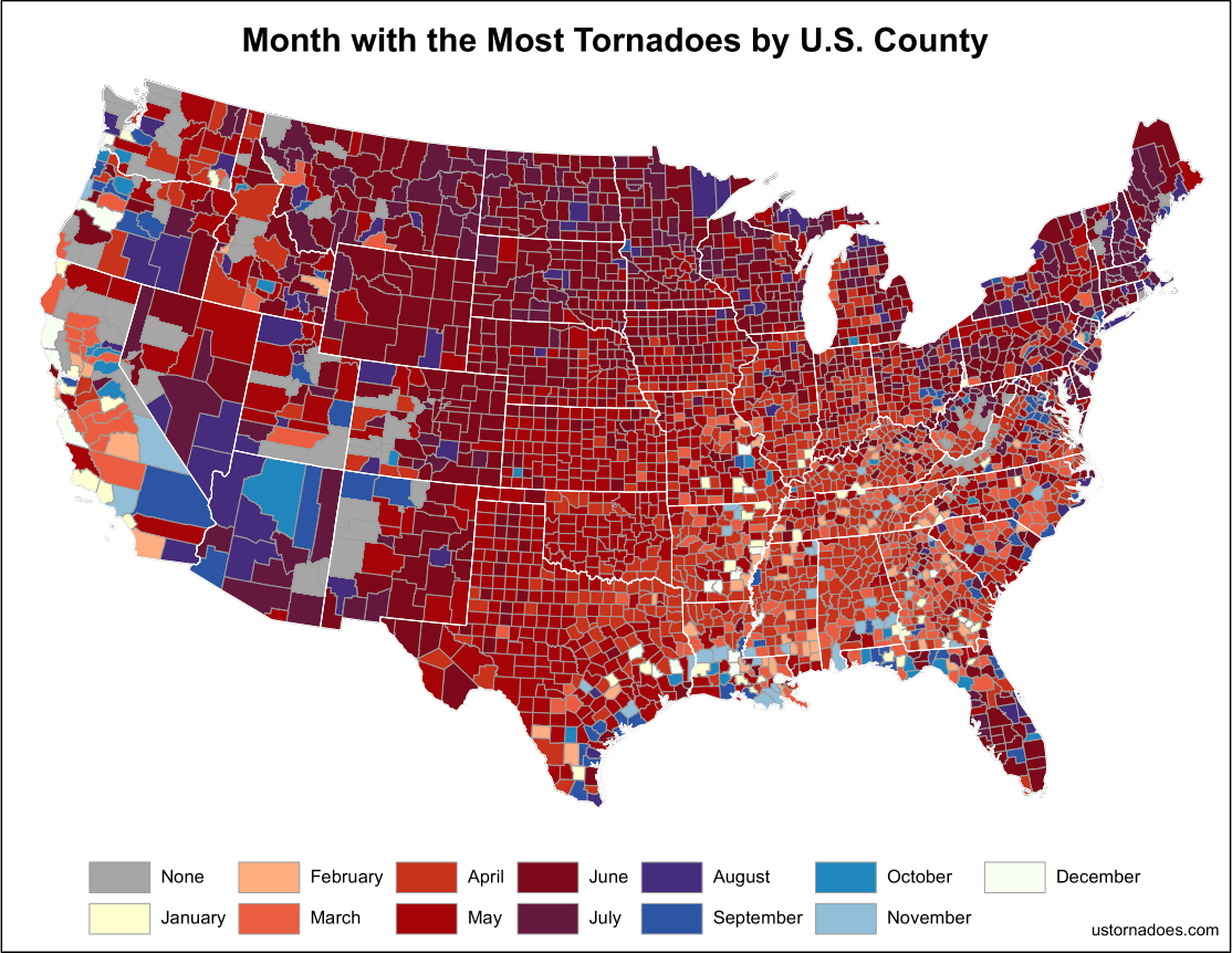 The month with the most tornadoes by county