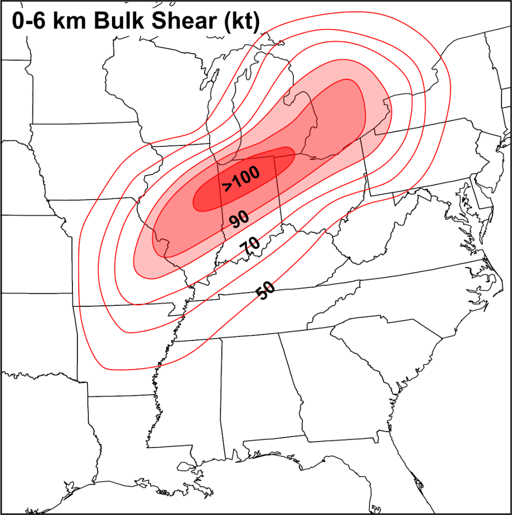 0-6 km bulk shear at the time of the outbreak. Source: NWS Northern Indiana.