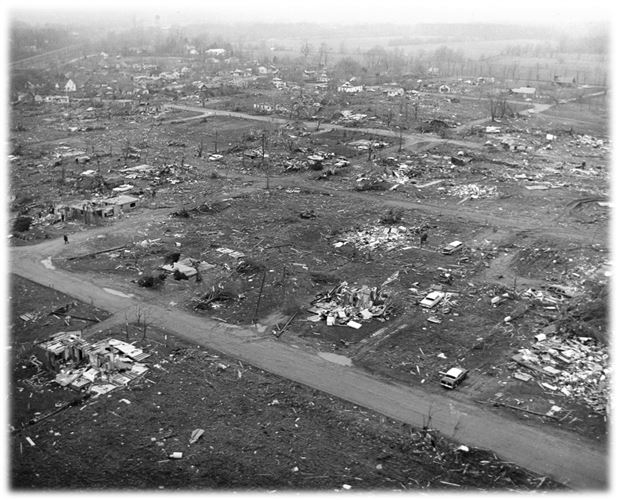Damage at the Sunnyside Subdivision from the second of the Dunlap tornadoes. Source: The Elkhart Truth.