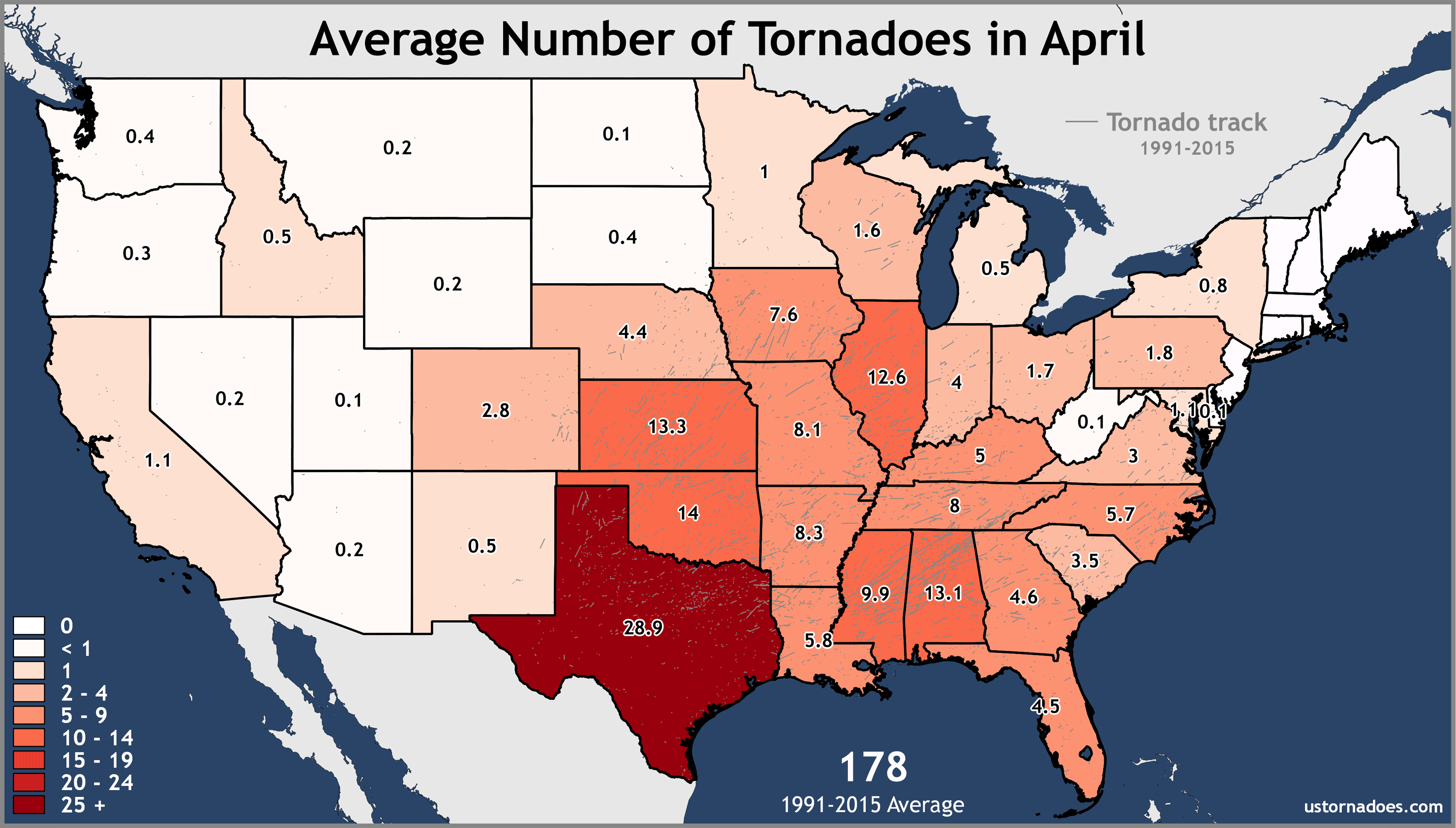 Annual and monthly tornado averages for each state (maps) - ustornadoes.com