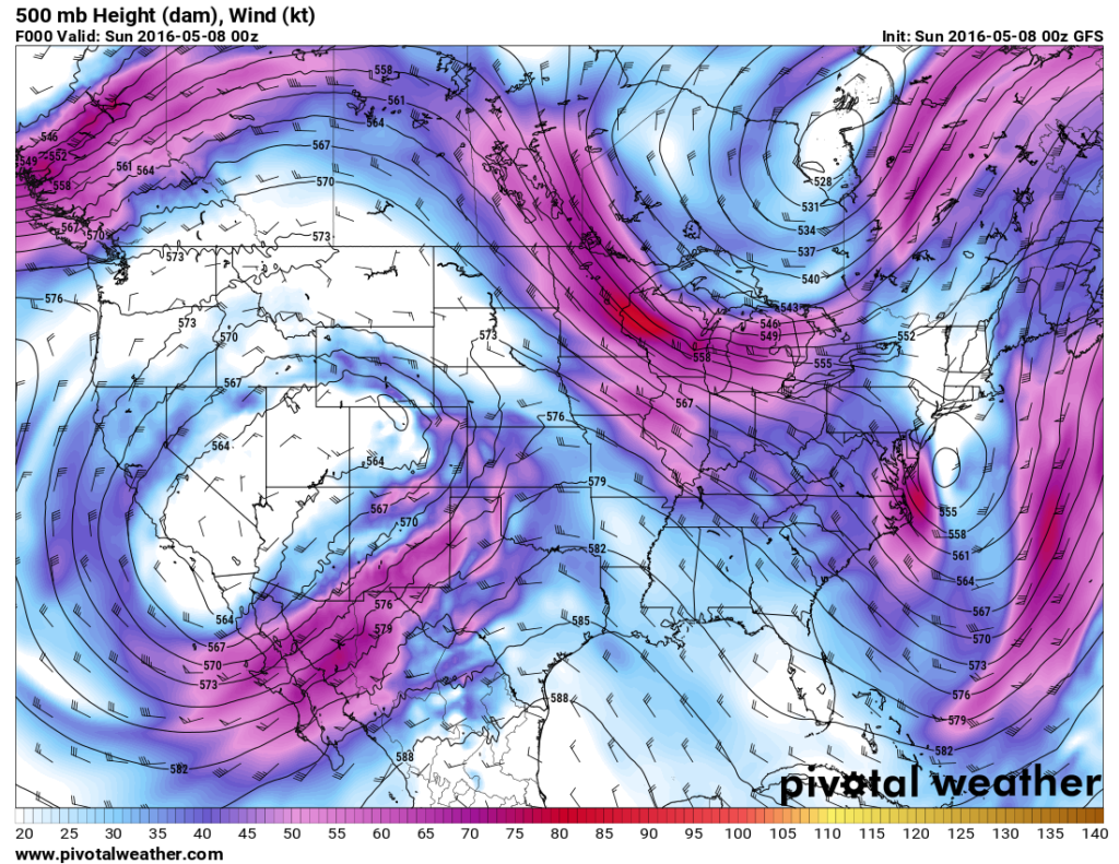 500mb analysis around the time of the Wray tornado via the GFS model. (Pivotal Weather)