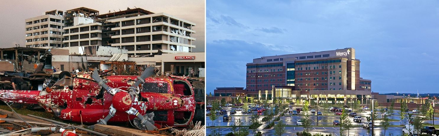 Pictures above: (left) Mercy Hospital after the tornado hit. (right) Mercy Hospital after it was rebuilt (completed in 2015)