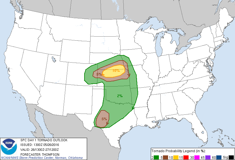 Today's tornado outlook from the Storm Prediction Center. 