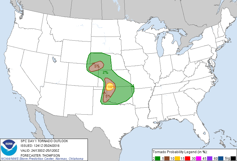 Today's tornado outlook from the Storm Prediction Center. 