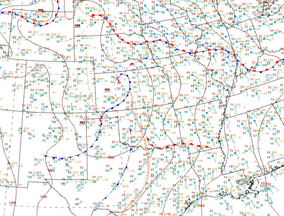 Weather map for May 9 at 21z, right about when the Katie tornado touched down. (Weather Prediction Center)