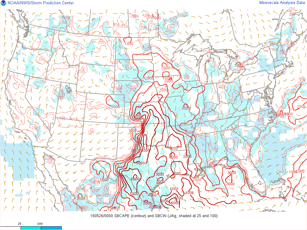 0z surface CAPE was still ~5,000 over much of the area of interest as the storm was ongoing during the evening. It topped out around 6,000 earlier in the day. (Storm Prediction Center)