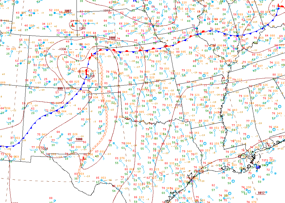 Surface analysis around the time of the Wray tornado. (Weather Prediction Center)