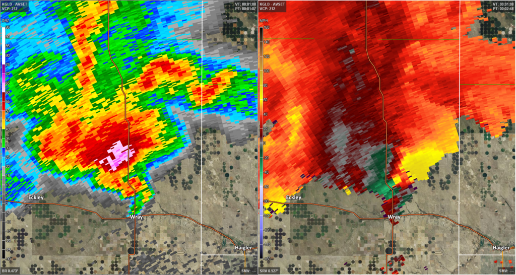 Radar at the time the tornado was just north of Wray, Colorado. 