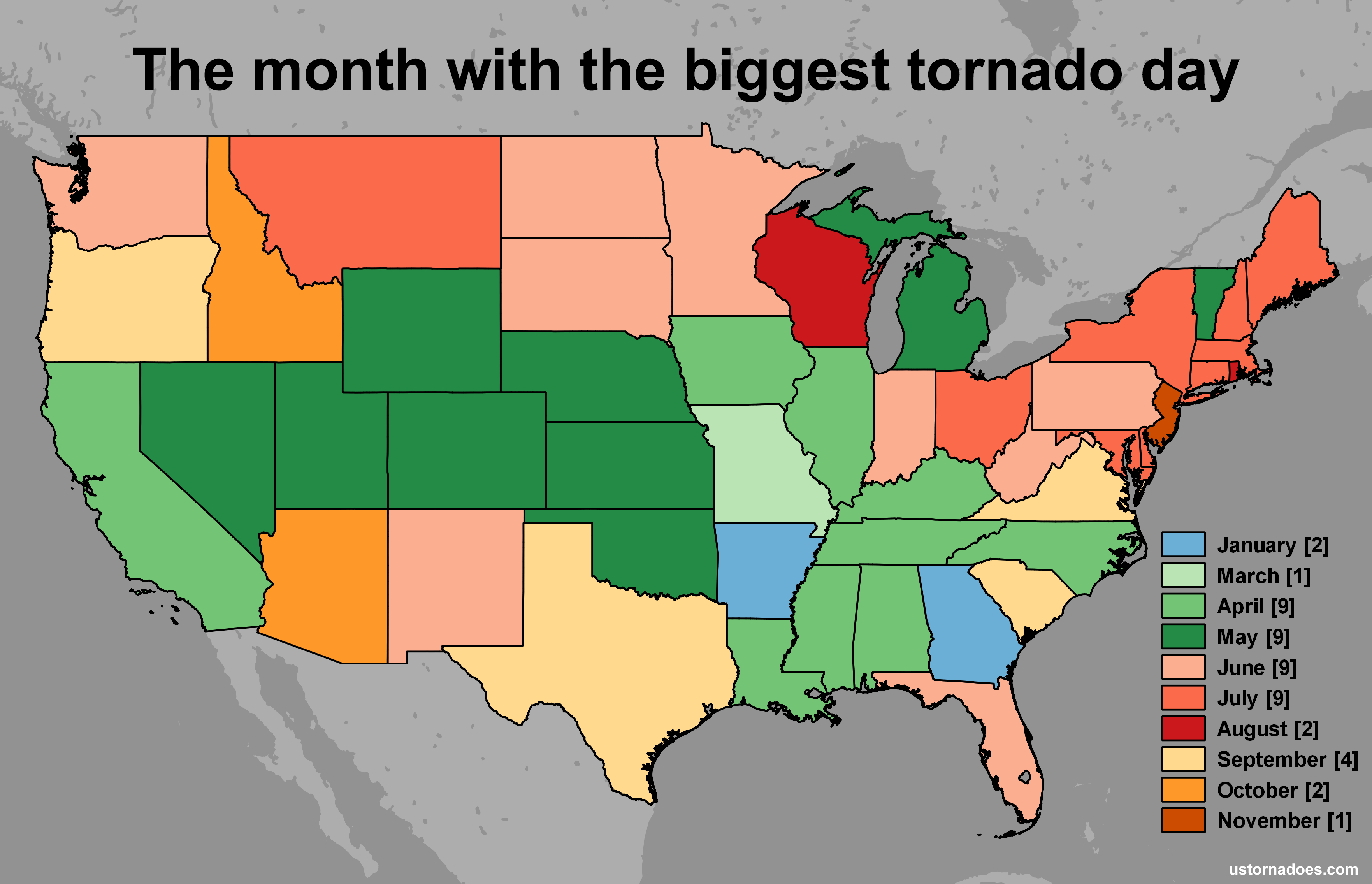The most tornadoes in a calendar day by state