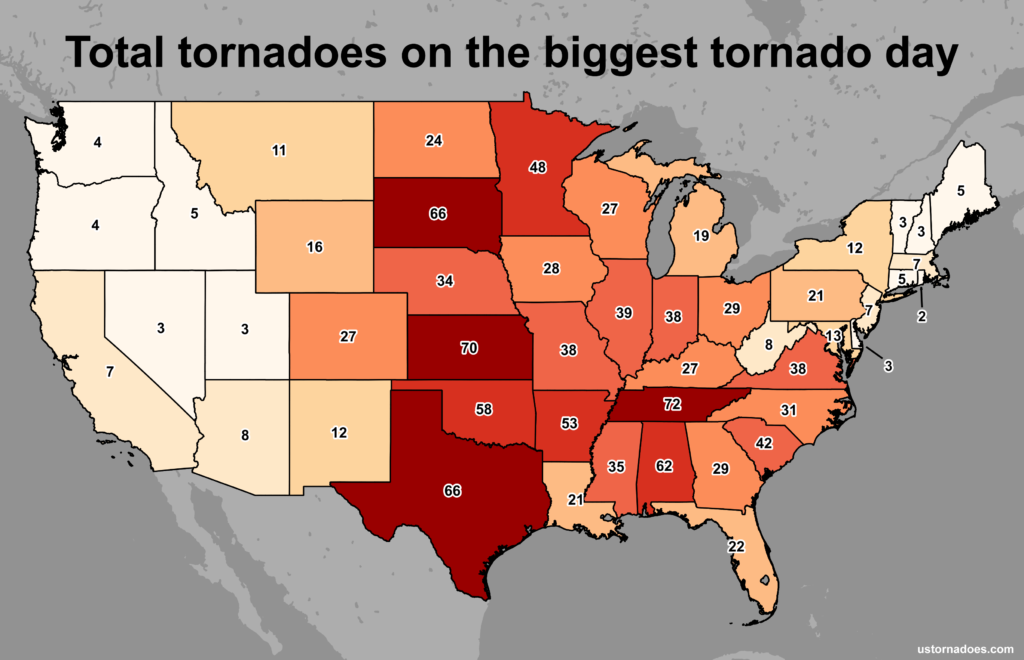 The most tornadoes in a calendar day by state