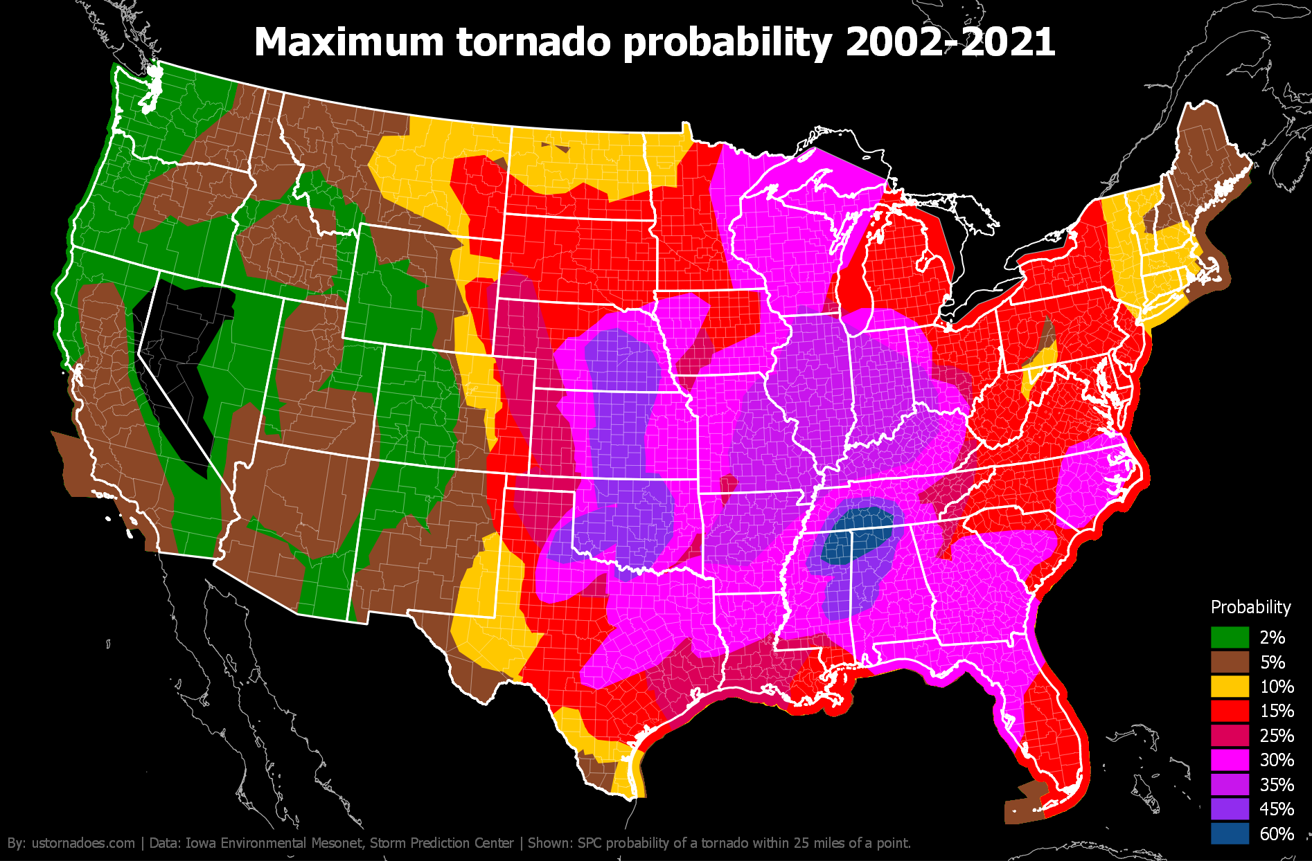 Maximum tornado probabilities by month and year